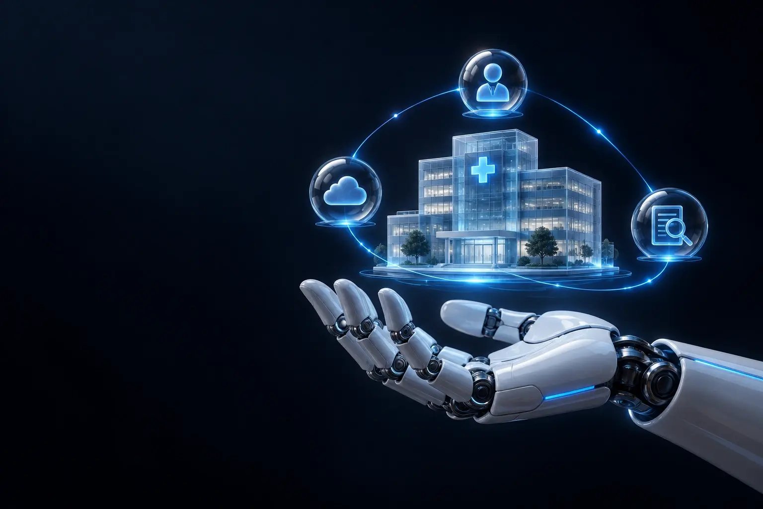 Robotic hand connecting a healthcare facility with identity, cloud and investigation signals