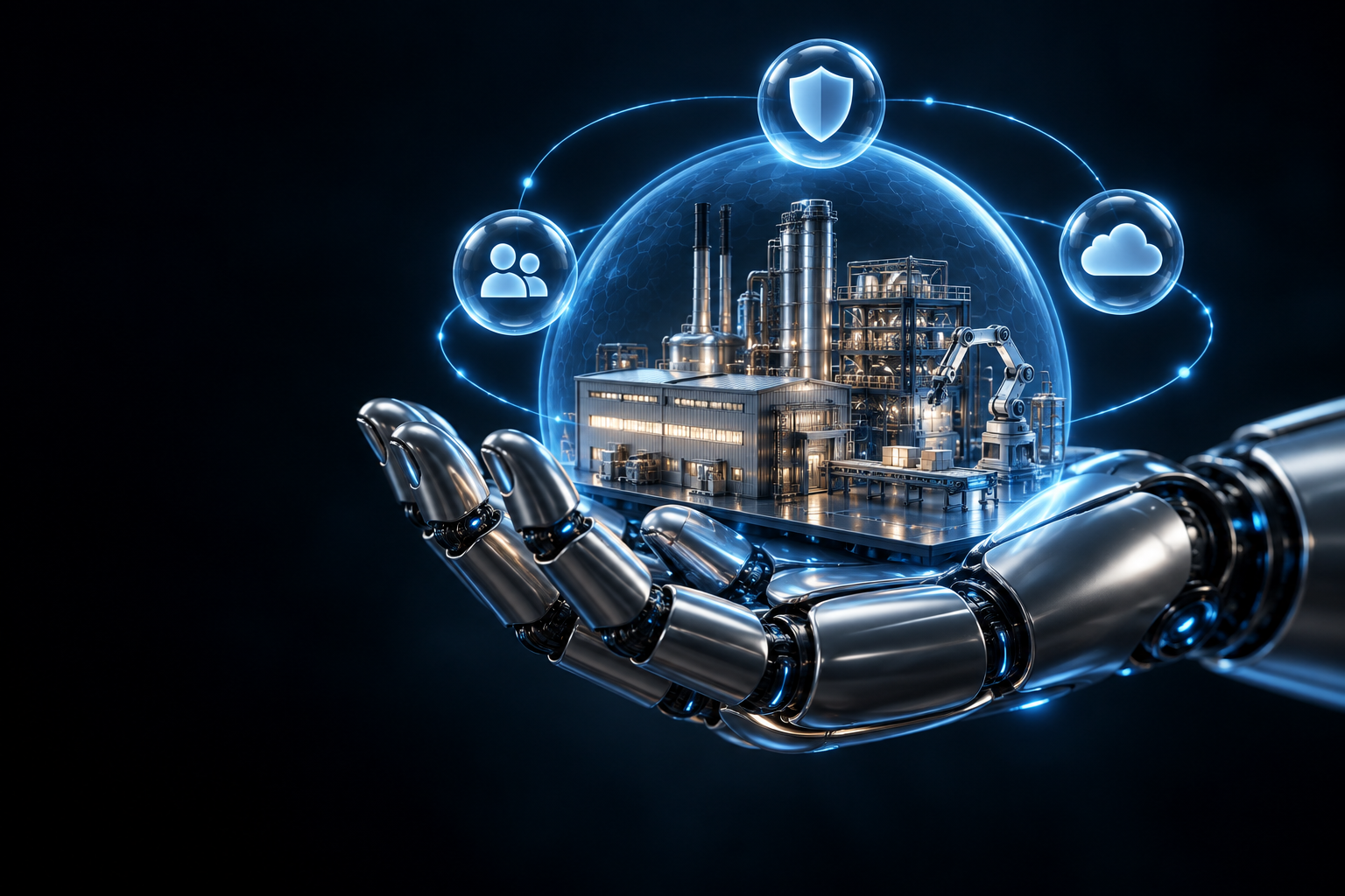 Blue-lit robotic hand holding a miniature factory, surrounded by identity, cloud, and security symbols.